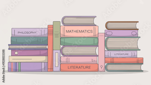 Stack of assorted colorful books with visible titles and labels in a neat and organized illustration style