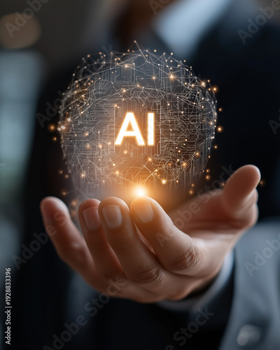 AI Technology: A person's hand delicately cradles a luminous digital sphere, displaying the letters AI within, symbolizing the power and promise of artificial intelligence in the modern era.
