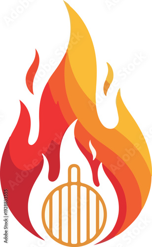 Fiery grill icon representing barbecue and cooking with a blazing flame and striped grill