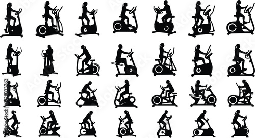 Indoor Exercise Bike and Elliptical Trainer Silhouette Collection with People Workout Poses Isolated on White Background Vector