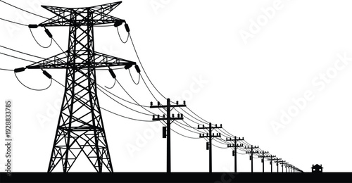 High Voltage Power Transmission Tower and Electric Utility Poles Silhouette Isolated on White Background Industrial Vector Illustration
