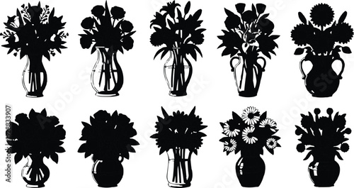 A series of black silhouettes are shown depicting bouquets of flowers arranged in vases, set against a clean white background. This stark contrast enhances the visibility of the silhouettes, helping 