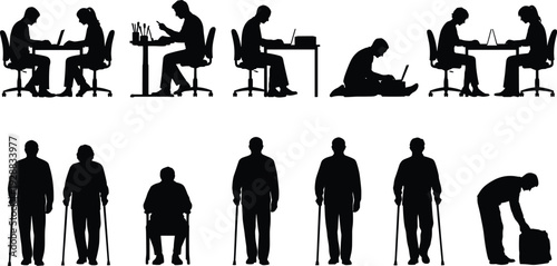 People silhouettes collection showing office work, laptop use, teamwork, mobility assistance and daily activities isolated on light background for business, productivity, accessibility and modern