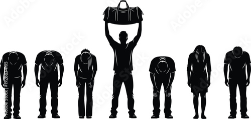 Silhouette of a Man Holding a Gym Bag High Above His Head While Others Stand Dejected and Bowing Their Heads
