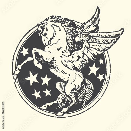 Winged Pegasus in a circle with stars, depicted in a classic, vintage engraving style for a mythical or celestial theme.