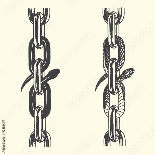 Two parallel chains with a snake entwined, symbolizing restriction and freedom, rendered in a vintage ink style.