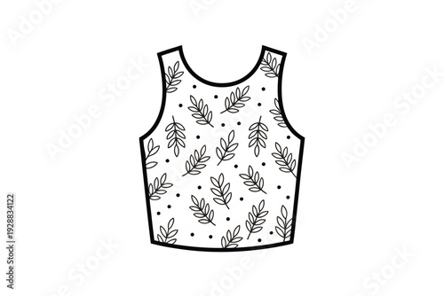A white tank top with a leaf pattern and black outline illustration