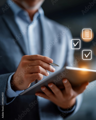 Wallpaper Mural Smart Business Operations: A focused business person dressed in professional attire meticulously examines an online checklist using a modern tablet, the virtual check marks indicating task completion. Torontodigital.ca