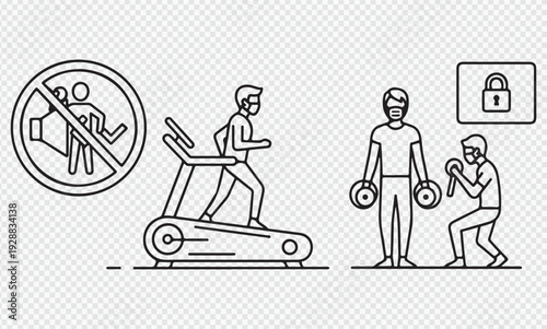 Gym safety and hygiene vector icons, no loud talking, treadmill with mask, locked lockers, social distancing in fitness center