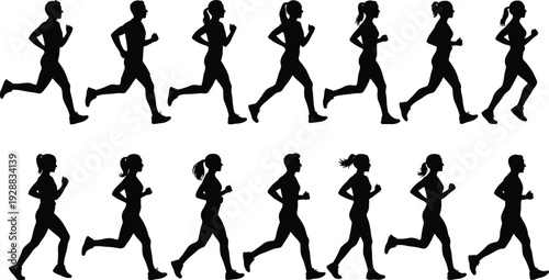 Running people silhouettes collection featuring men and women jogging in motion isolated on light background for fitness, marathon training, healthy lifestyle and sport activity concepts