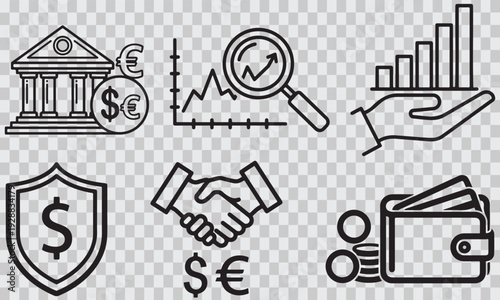 Business and finance vector icons set representing banking, investment, growth, security, partnership, and payment on transparent background