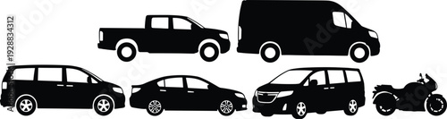Set of vehicle silhouettes including pickup truck, cargo van, minivan, sedan and sport motorcycle, illustrating transportation variety, commercial delivery, family travel and modern mobility
