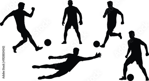 Soccer player silhouettes collection showing dribbling, running, kicking and goalkeeper diving actions isolated on light background for football sport, competition and athletic performance concepts