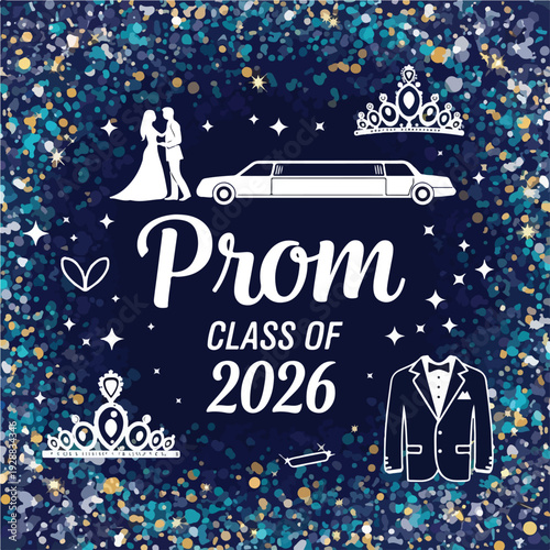A dark blue image with "Prom" text and associated celebratory elements