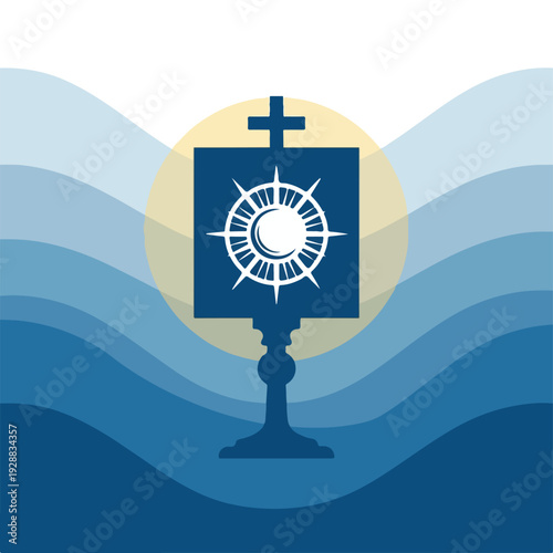 A dark blue symbol of a cross-topped rectangle with a sun-like symbol on top of a stand