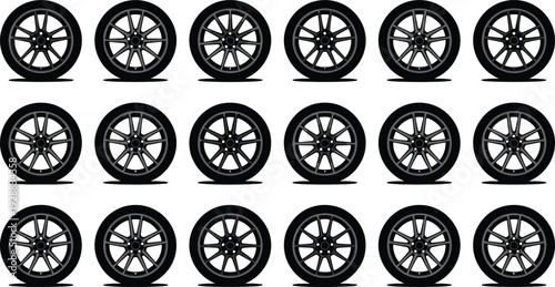 Set of realistic car wheel rims and tires arranged in rows, showcasing modern alloy design, automotive parts, vehicle maintenance and performance wheel collection concept