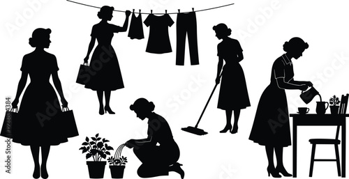 Woman daily life silhouettes showing shopping, laundry, cleaning, watering plants and serving tea isolated on light background for household routine, domestic work and lifestyle concepts