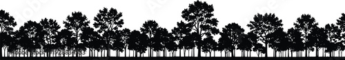 Black silhouette of dense forest with varied tree shapes and canopies, vector illustration for nature, landscape, outdoor, ecology themes