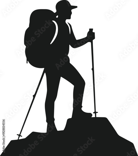 Black silhouette of hiker standing on elevated rocky terrain with backpack and trekking poles, outdoor adventure exploration concept illustration design