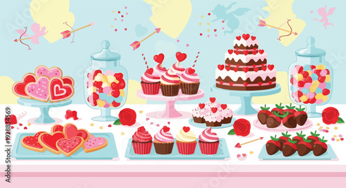 A delightful array of treats with hearts and cupid decor, perfect for romance