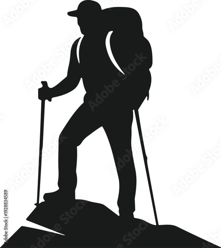 Black silhouette of hiker standing on rocky terrain with backpack and trekking poles, outdoor adventure exploration concept illustration design