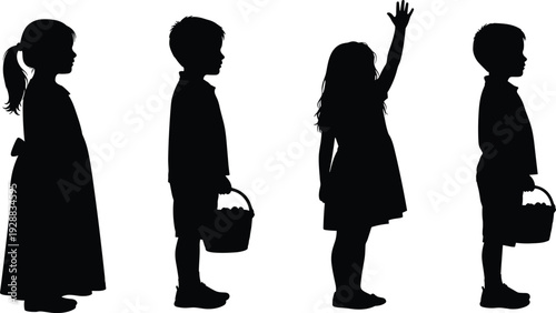 Silhouettes of Children Standing in Line with Baskets and Raising Hand for School Activity Easter Egg Hunt or Classroom Participation (