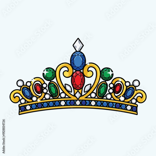 A detailed, stylized tiara featuring various colorful gemstones and gold