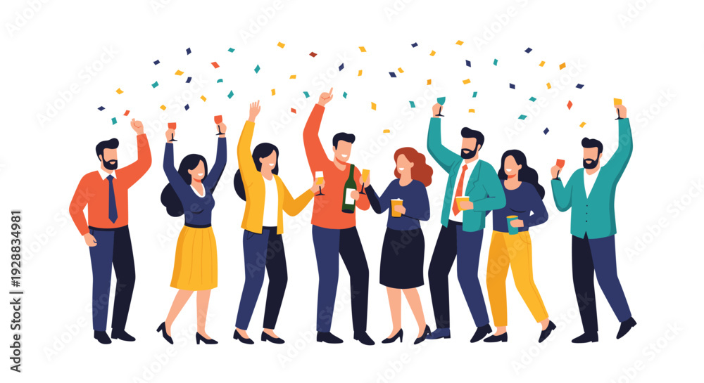 Obraz premium Diverse group of happy friends celebrates together at a party with drinks and colorful confetti falling around them in a white space.