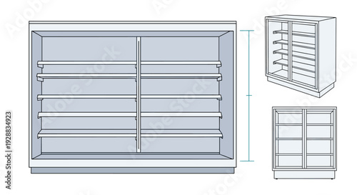 Commercial display freezer with multiple shelves is shown from front, side, and perspective views for retail and supermarket planning.