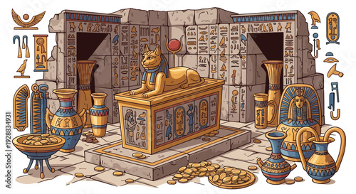 Ancient Egyptian tomb chamber displays a golden sphinx sarcophagus surrounded by hieroglyphic walls, vases, and piles of gold coins.