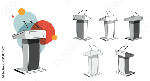 Collection of modern lecterns and podiums designed for public speaking and presentations is shown in various styles and colors.