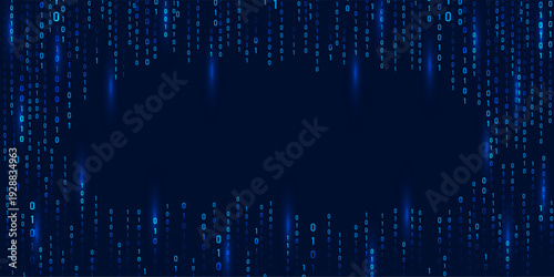 Abstract binary code Rain in blue. Computer technology matrix and background. Cyber security information and futuristic depth for science fiction or art. Vector illustration.