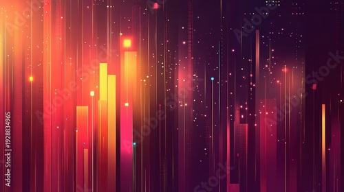 Abstract urban cityscape with vertical light bars and sparkling digital particles in warm glowing colors
