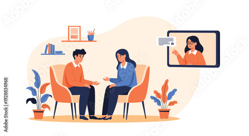 Couple sits in a therapy session while speaking to a professional counselor displayed on a digital screen in a cozy office.