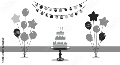 Stylish birthday celebration setup includes a three-tiered cake on a stand flanked by large balloon bouquets and festive garlands.