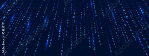 Binary Rain and code on blue abstract background. Computer technology. Matrix information and cyber security in futuristic or science fiction theme. Vector illustration.