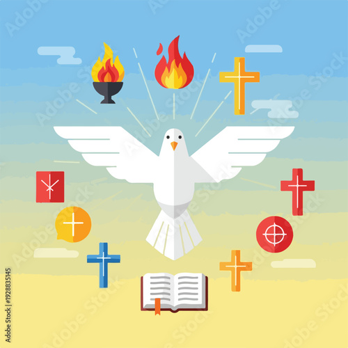 A dove with open wings, flames, crosses, and an open book