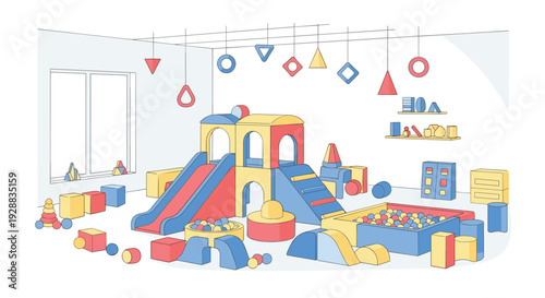 Spacious indoor playground for children features colorful soft play structures, slides, ball pits, and various educational toys.