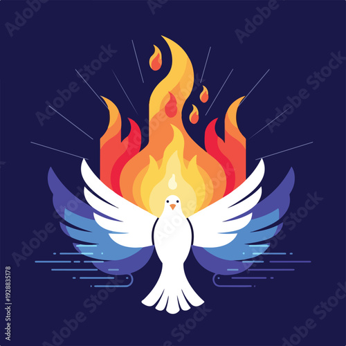 A dove with spread wings in front of fire against a dark blue background