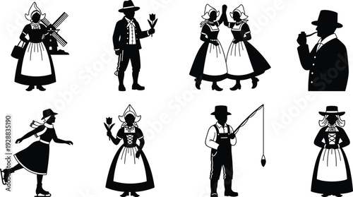 Dutch Culture Silhouette Vector Illustration Set Featuring Traditional Folk Costumes Windmill Tulips Fishing Ice Skating and People in Netherlands Heritage Dress Isolated Design