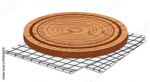 Round wooden cutting board with a circular groove rests on a folded grey and white checkered cloth in a kitchen setting.