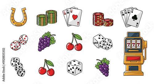Vibrant set of casino and gambling icons includes a slot machine, playing cards, dice, poker chips, and lucky fruit symbols.