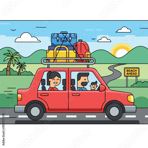 A family drives a red car towards a beach destination, luggage on top
