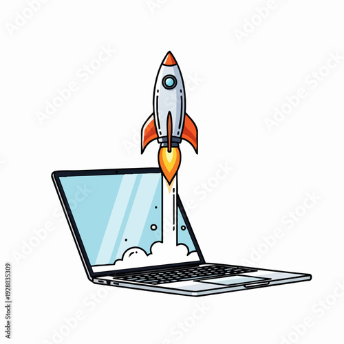 Rocket Launch From Laptop Screen Illustration.