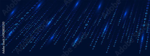 Blue and abstract background with binary code Rain. Computer technology. Matrix information with cyber security in futuristic style and science fiction depth. Vector illustration.