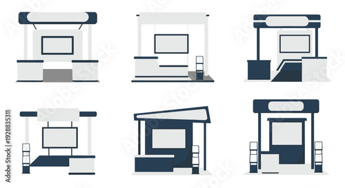 Set of modern exhibition booth and trade show stand designs features various layouts, screens, and reception desk configurations.