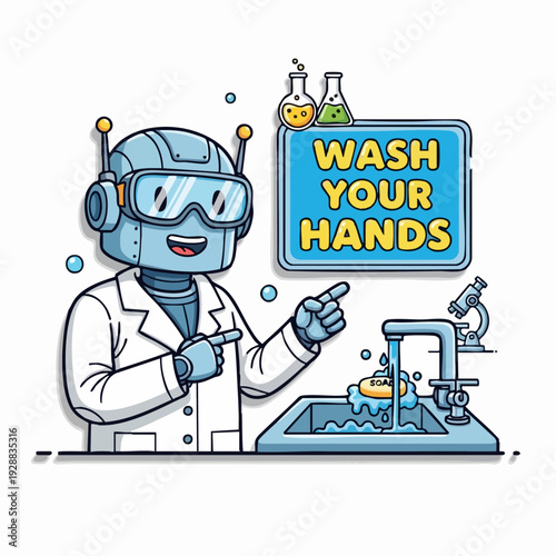 Robot Scientist Washing Hands In Lab Illustration.