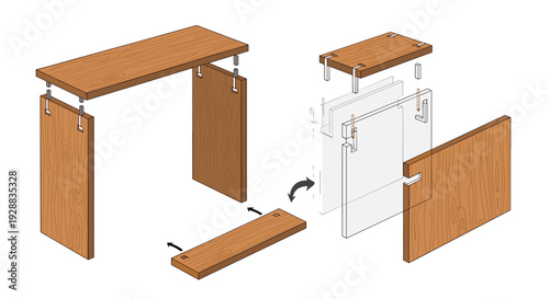Detailed exploded view diagram illustrates the assembly steps for a simple wooden bench or table using joint connections.