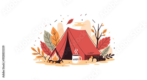 Cozy autumn camping scene features a red tent, a glowing campfire, and a steaming mug of warm coffee amidst fallen leaves.