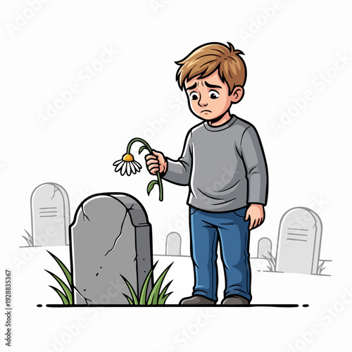 Sad boy at grave with flower in cemetery.